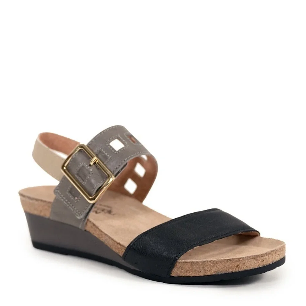 Naot Dynasty Womens Leather Wedge Sandal Tri Color Black Grey Tan Buckle Size 39